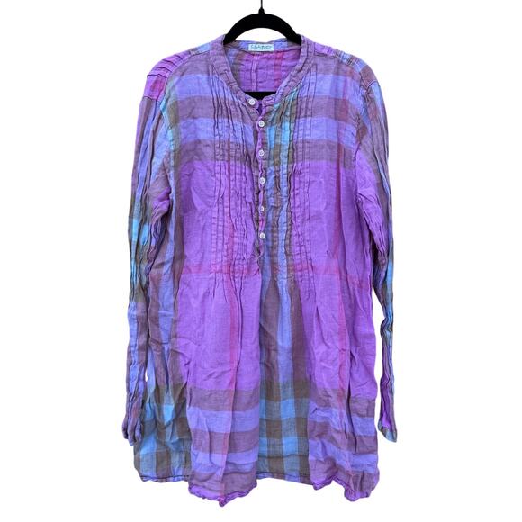 Free People CP Shades Madras Yoko Tunic Dress Pink Plaid 100% Linen Size Large - Picture 1 of 6